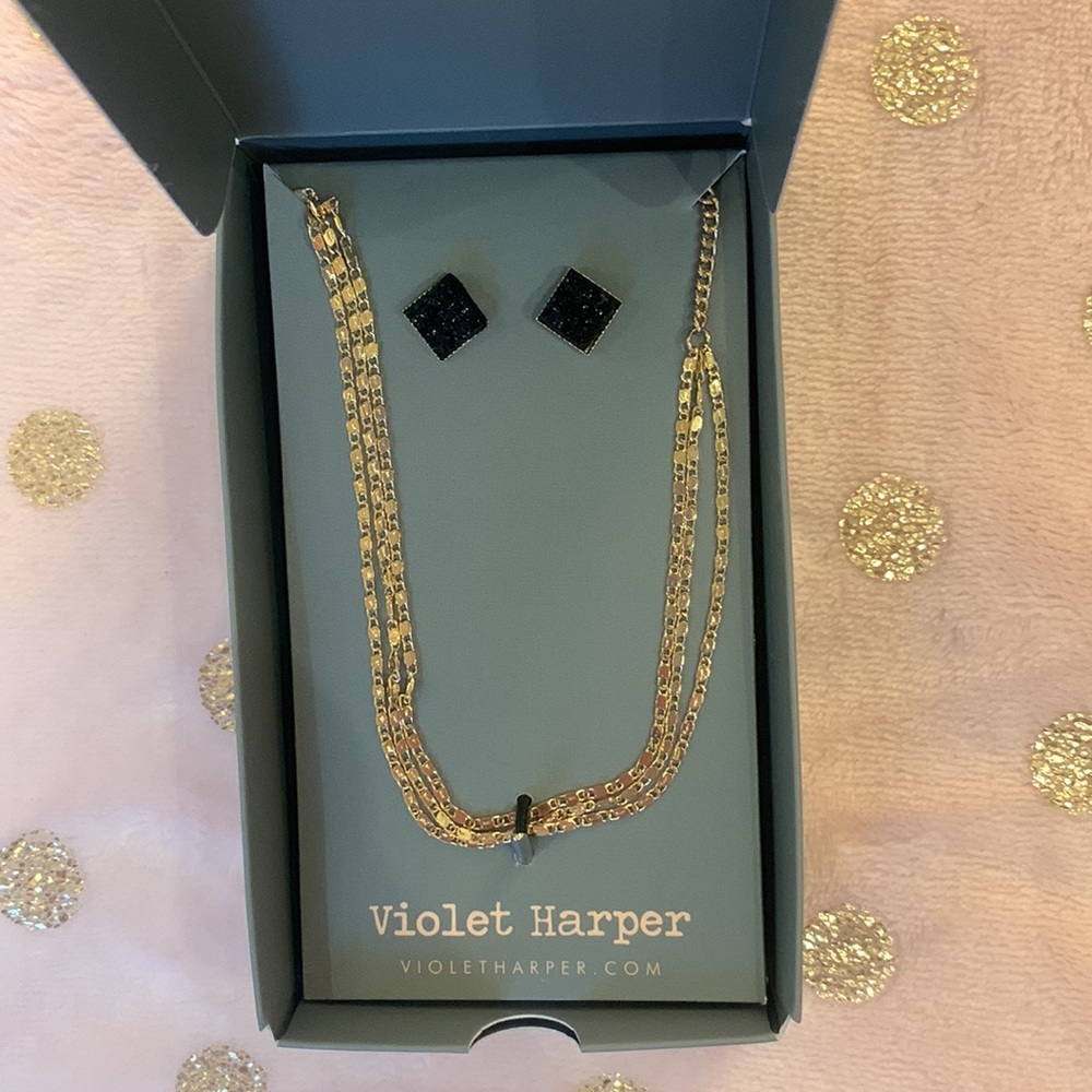Violet Harper Isla Layered Necklace + Black Druzy Earring Set